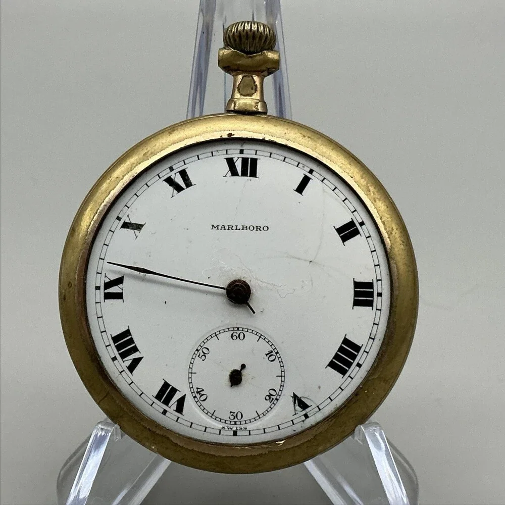 Vintage Marlboro Pocket Watch Men 49mm Gold Filled Open Face Manual Not Running